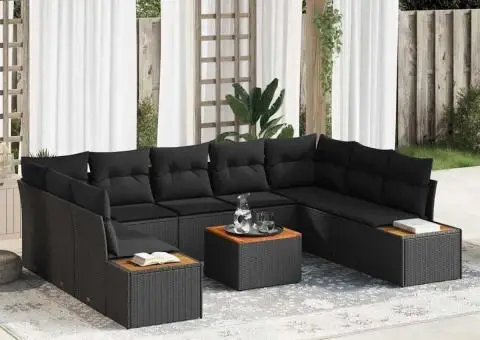 Set de canapea de grădină cu 10 piese și perne - Ratan sintetic negru și lemn de acacia - 1/5