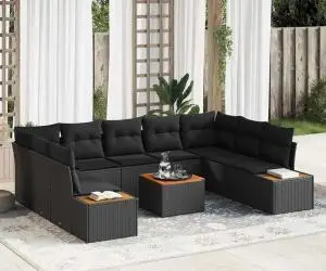 vidaXL Set de canapea de grădină cu 10 piese și perne - Ratan sintetic negru și lemn de acacia