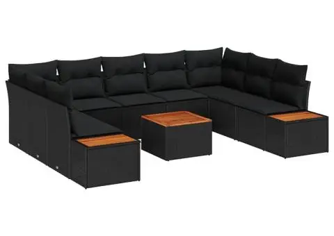 Set de canapea de grădină cu 10 piese și perne - Ratan sintetic negru și lemn de acacia - 2/5