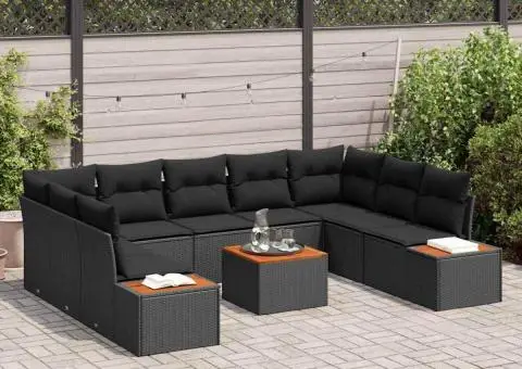 Set de canapea de grădină cu 10 piese și perne - Ratan sintetic negru și lemn de acacia - 3/5
