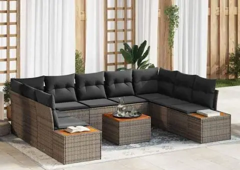 Set de canapea de grădină cu 10 piese, perne din ratan poliesteric gri și acacia - 1/5