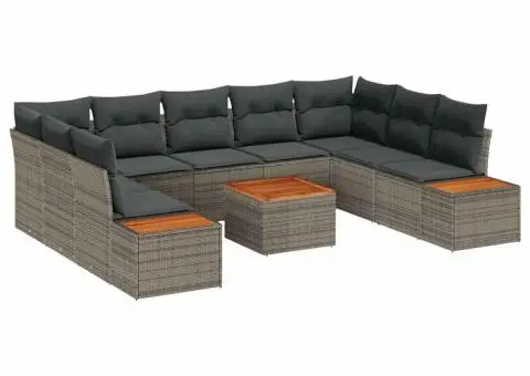 Set de canapea de grădină cu 10 piese, perne din ratan poliesteric gri și acacia - 2/5