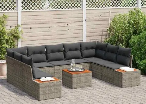 Set de canapea de grădină cu 10 piese, perne din ratan poliesteric gri și acacia - 3/5