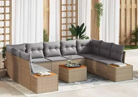 Set de canapea de grădină cu 10 piese și perne – Poliratan bej și acacia - 1/5