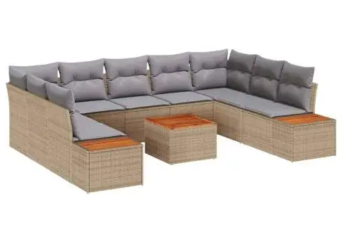 Set de canapea de grădină cu 10 piese și perne – Poliratan bej și acacia - 2/5