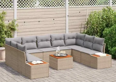 Set de canapea de grădină cu 10 piese și perne – Poliratan bej și acacia - 3/5
