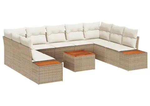 Set de canapea de grădină cu 10 piese, cu perne, din poli-ratan bej și acacia - 2/5