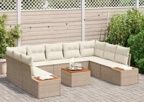 Set de canapea de grădină cu 10 piese, cu perne, din poli-ratan bej și acacia - 3/5
