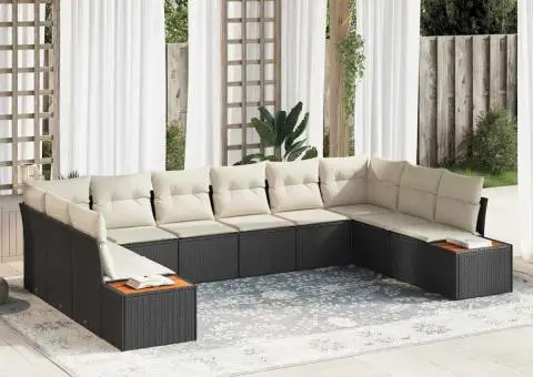 Set canapea de grădină cu 10 piese cu perne - Negru - Ratan poli - Acacia - 1/5