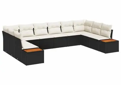 Set canapea de grădină cu 10 piese cu perne - Negru - Ratan poli - Acacia - 2/5