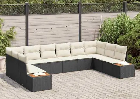 Set canapea de grădină cu 10 piese cu perne - Negru - Ratan poli - Acacia - 3/5