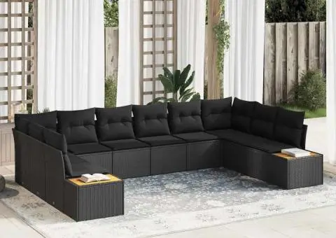 Set canapea grădină 10 piese cu perne Negru Poliratan Acacia - 1/5