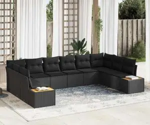 Set canapea grădină 10 piese cu perne Negru Poliratan Acacia