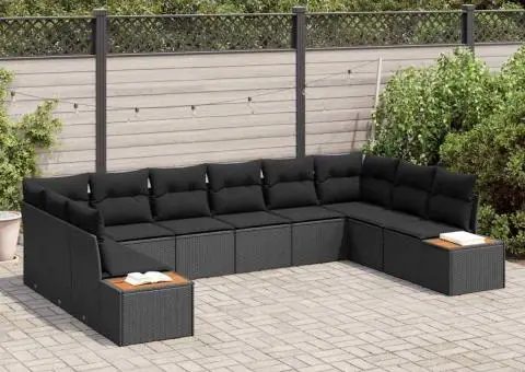 Set canapea grădină 10 piese cu perne Negru Poliratan Acacia - 3/5