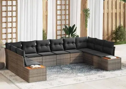 Set de Canapea pentru Grădină cu 10 Piese și Perne Gri Poliratan Acacia - 1/5