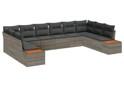 Set de Canapea pentru Grădină cu 10 Piese și Perne Gri Poliratan Acacia - 2/5