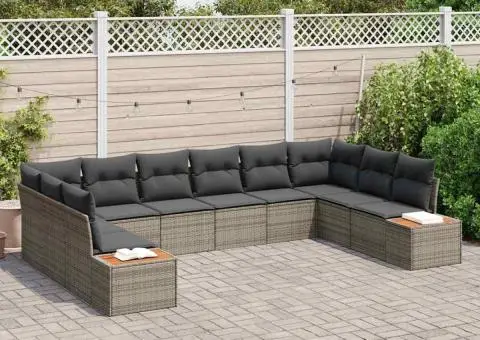 Set de Canapea pentru Grădină cu 10 Piese și Perne Gri Poliratan Acacia - 3/5