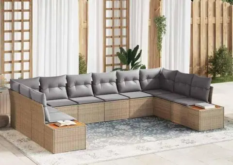 Set de canapea de grădină cu 10 piese cu perne Bej Poliratan Acacia - 1/5