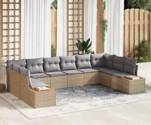Set de canapea de grădină cu 10 piese cu perne Bej Poliratan Acacia