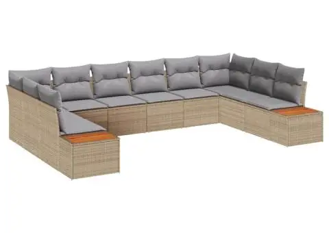 Set de canapea de grădină cu 10 piese cu perne Bej Poliratan Acacia - 2/5