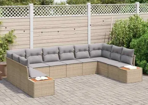 Set de canapea de grădină cu 10 piese cu perne Bej Poliratan Acacia - 3/5