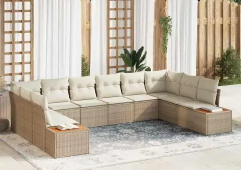 Set de canapea de grădină cu 10 piese și perne Bej Poli Ratan - 1/5