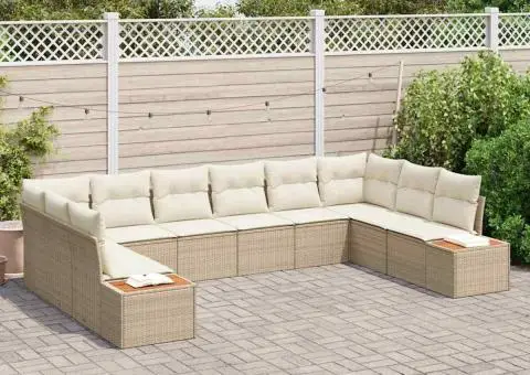 Set de canapea de grădină cu 10 piese și perne Bej Poli Ratan - 3/5