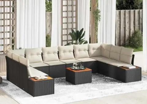 Set de canapea pentru grădină 11 piese cu perne Negru Poliratan Acacia - 1/5