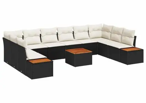 Set de canapea pentru grădină 11 piese cu perne Negru Poliratan Acacia - 2/5