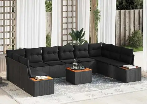 Set Canapea pentru Grădină de 11 Piese cu Perne Negru Ratan Acacia - 1/5