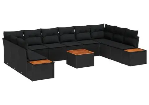 Set Canapea pentru Grădină de 11 Piese cu Perne Negru Ratan Acacia - 2/5