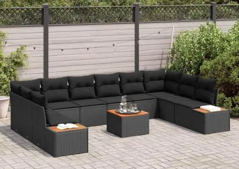 Set Canapea pentru Grădină de 11 Piese cu Perne Negru Ratan Acacia - 3/5
