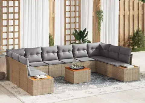 Set Canapea de Grădină de 11 Piese cu Perne Bej Poliratan Acacia - 1/5