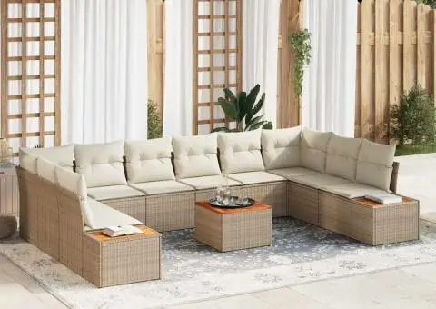 Set canapea grădină 11 piese cu perne Bej din ratan poli - 1/5