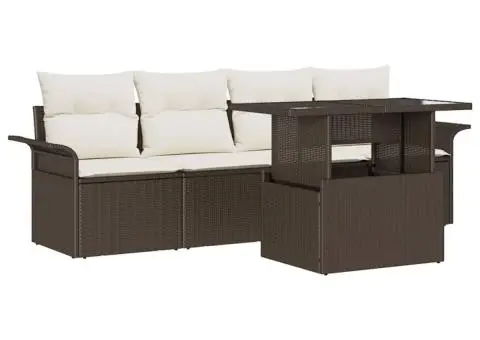 Set de canapea de grădină , 5 piese, cu perne, maro, din ratan sintetic. - 2/5