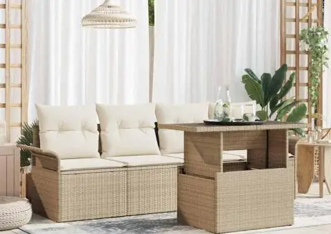 Setul de Grădină cu 5 Piese - Perne Bej, din Rattan Polietilenă - 1/5