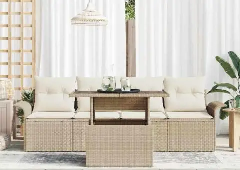 Setul de Grădină cu 5 Piese - Perne Bej, din Rattan Polietilenă - 3/5