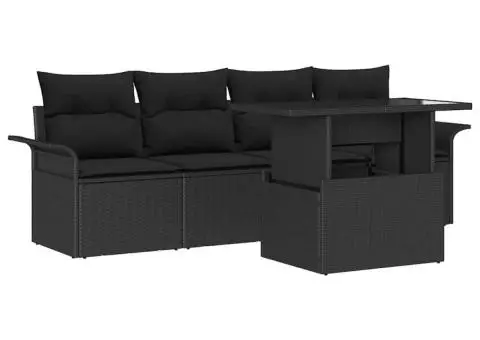 Set de canapele de grădină cu 5 piese și perne, negre, din rattan poliester - 2/5