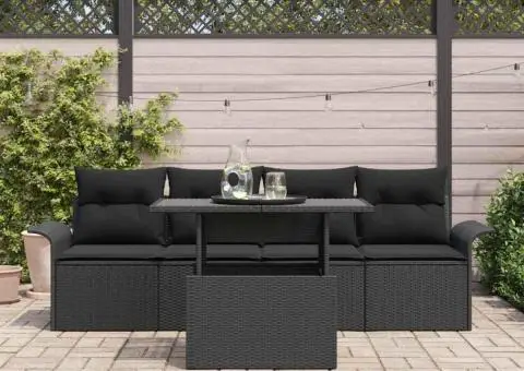 Set de canapele de grădină cu 5 piese și perne, negre, din rattan poliester - 3/5