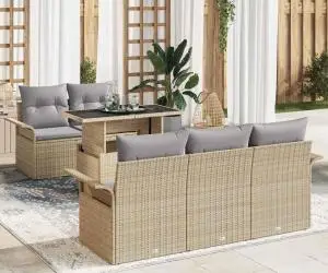 Set de canapea de grădină, 6 piese cu perne din ratan bej
