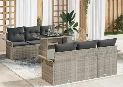 Set de canapea de grădină din 7 piese cu perne gri deschis, din poliratan - 1/5