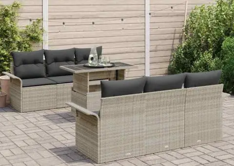 Set de canapea de grădină din 7 piese cu perne gri deschis, din poliratan - 3/5