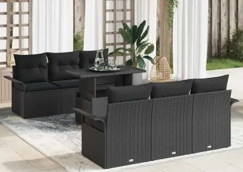 Set de canapea de grădină cu 7 piese și perne din rattan poly negru - 1/5