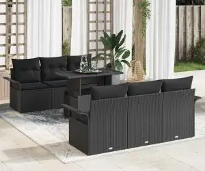 Set de canapea de grădină cu 7 piese și perne din rattan poly negru