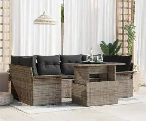 Set de canapea de grădină cu 7 piese, perne gri, din ratan poly