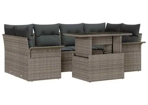 Set de canapea de grădină cu 7 piese, perne gri, din ratan poly - 2/5