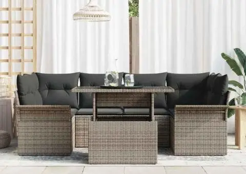 Set de canapea de grădină cu 7 piese, perne gri, din ratan poly - 3/5