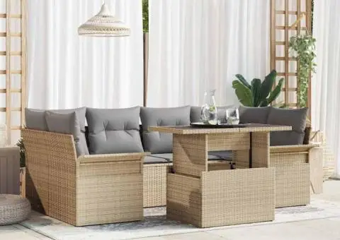 Set de canapea de grădină format din 7 piese cu perne bej din rattan poly - 1/5