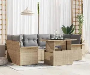 Set de canapea de grădină format din 7 piese cu perne bej din rattan poly