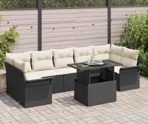 Set de canapea pentru grădină, 8 piese cu perne, ratan poly negru.